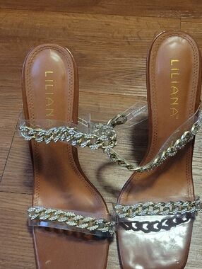 Liliana Gold-Chain Clear Strap Brown Slide Sandals